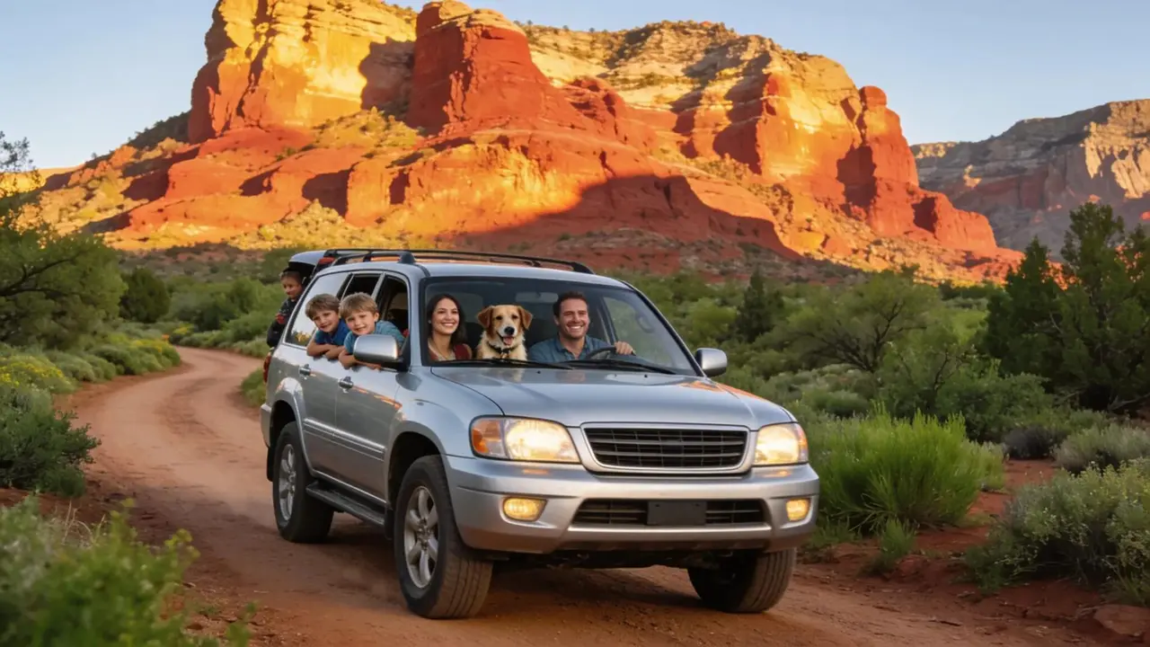 A family enjoying a scenic desert drive on an Arizona off-road trail