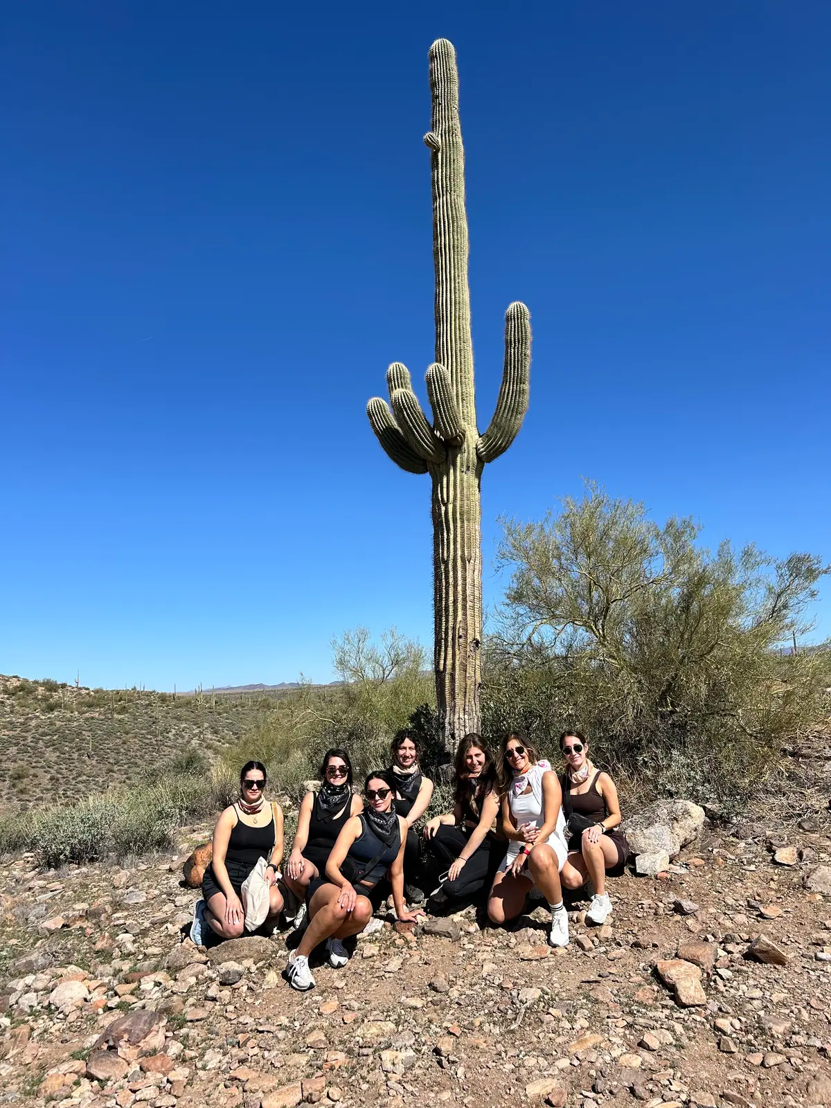A bachelorette group by a tall saguaro in the Scottsdale desert