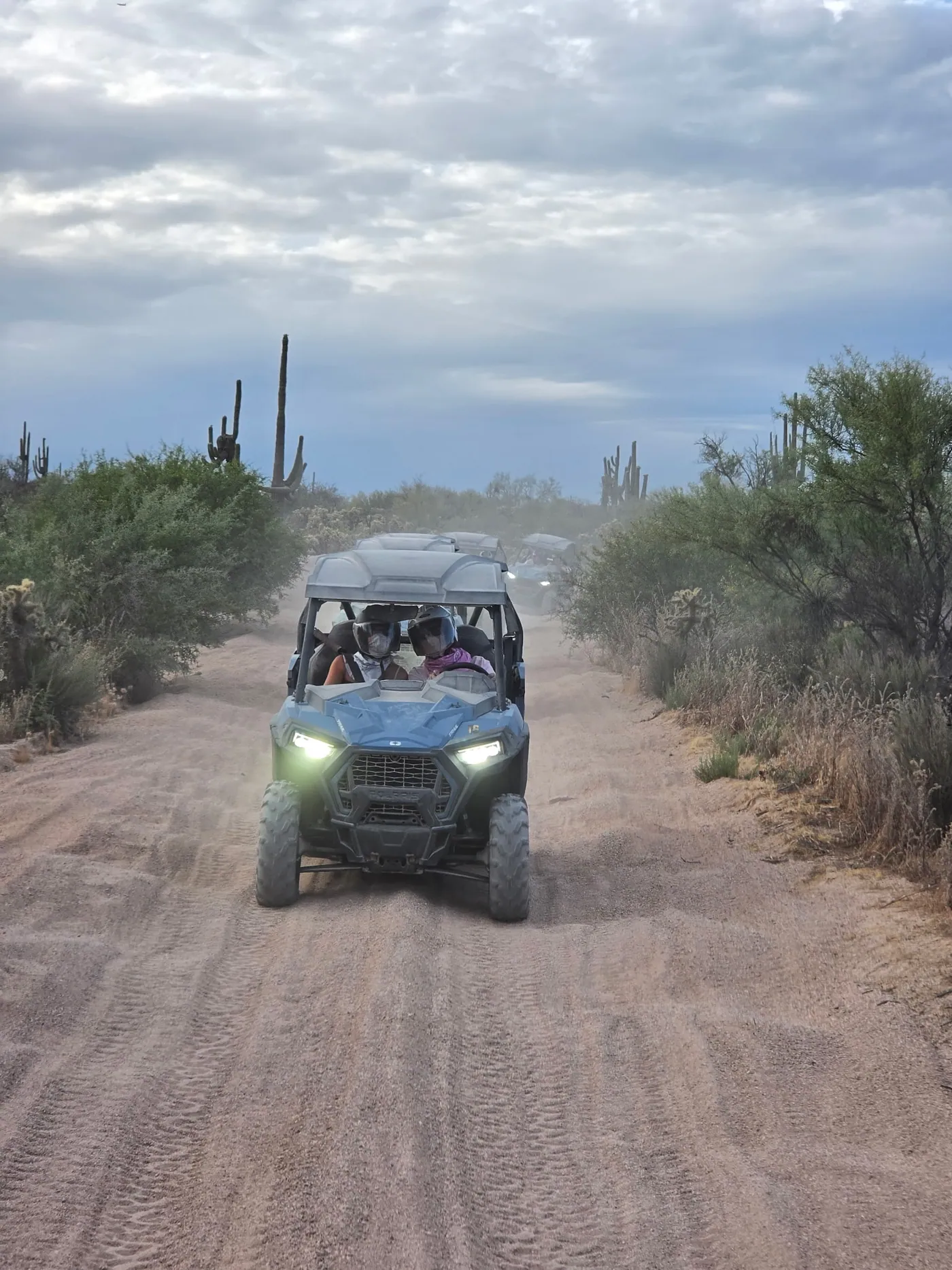 A convoy of sand buggies driving at dusk with headlights on through the Sonoran Desert