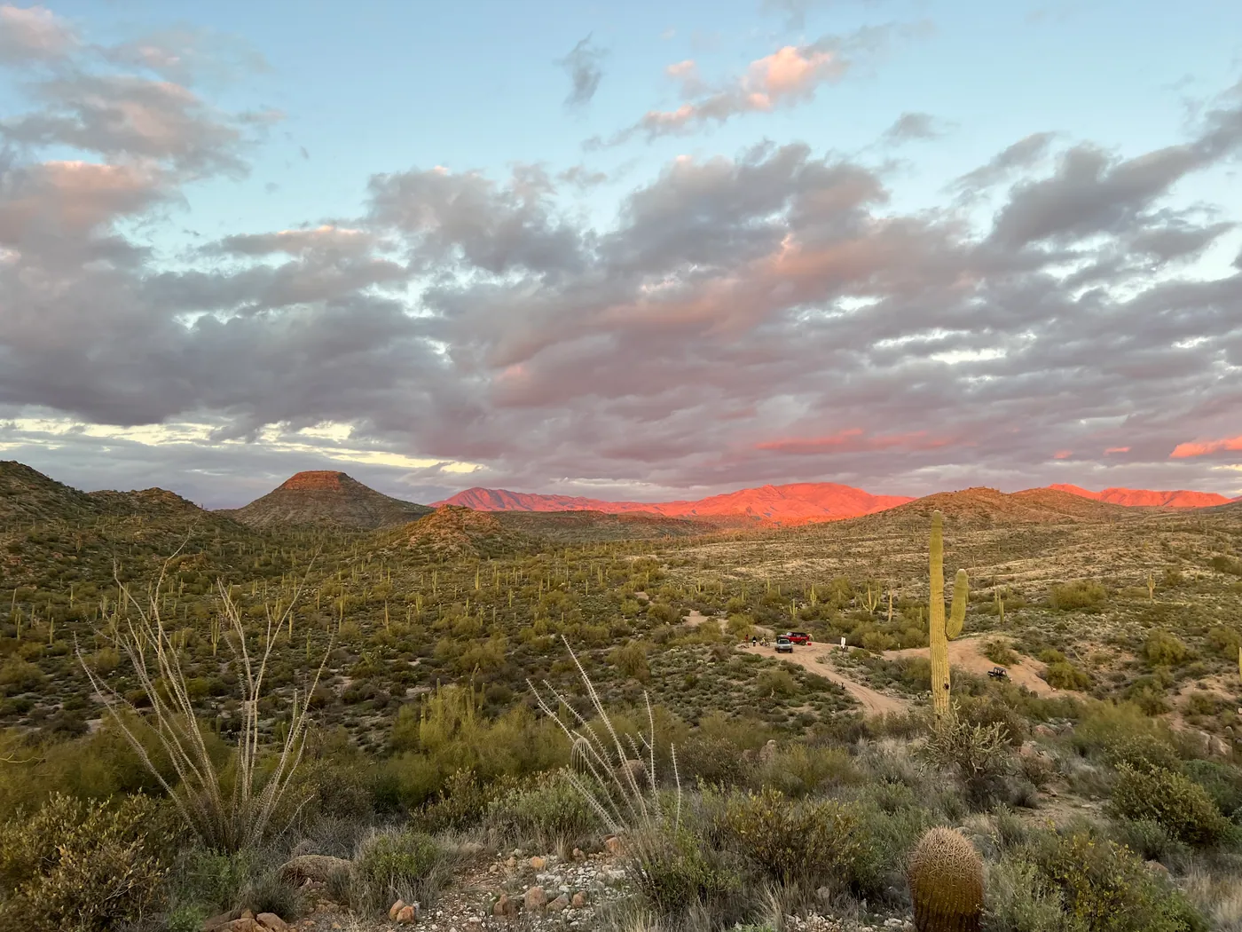 Pink alpenglow on the mountains over the Sonoran Desert with buggies below at sunset