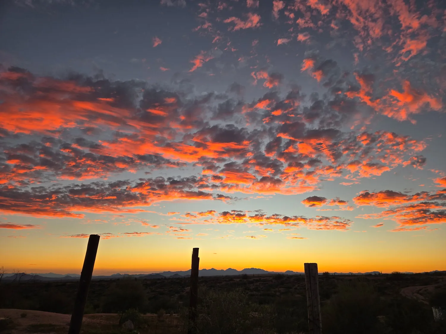 A fiery red and orange sunset lighting up the clouds over the Sonoran Desert near Scottsdale