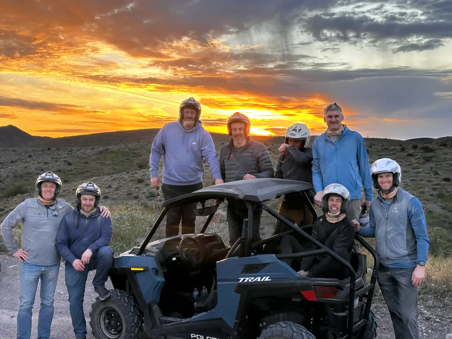 A corporate group on a sunset UTV tour in the Sonoran Desert near Scottsdale