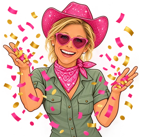 Cartoon of Michelle in a pink cowboy hat and heart sunglasses throwing confetti