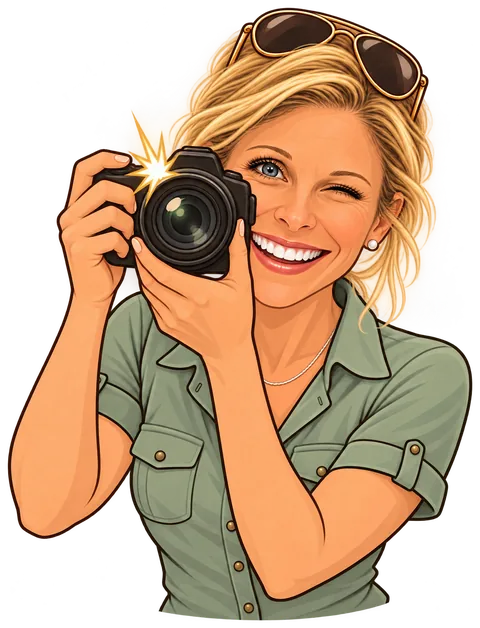 Cartoon of Michelle snapping a photo with a winking grin