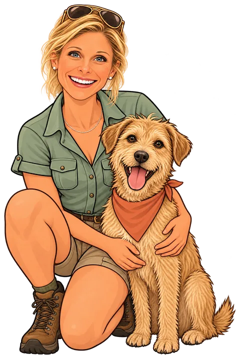 Cartoon of Michelle kneeling with a scruffy desert dog in a bandana