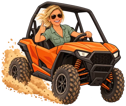 Cartoon of Michelle giving a thumbs up from the wheel of an orange sand buggy