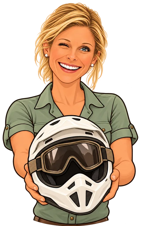 Cartoon of Michelle holding out an off-road helmet with goggles and a wink