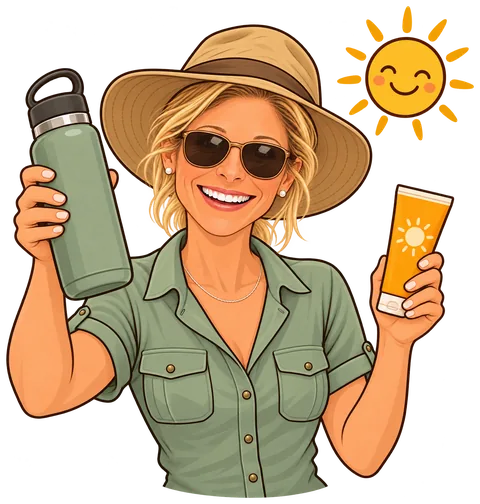 Cartoon of Michelle in a sun hat raising a water bottle and sunscreen