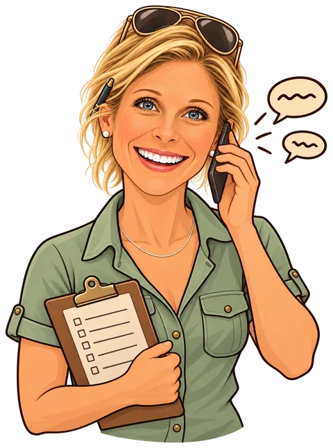 Cartoon of Michelle on the phone with a clipboard, ready to help plan your tour