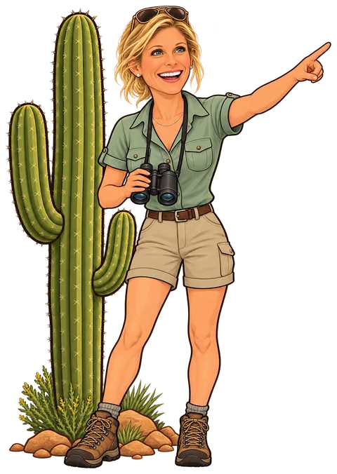 Cartoon of Michelle beside a saguaro, pointing out across the desert with binoculars