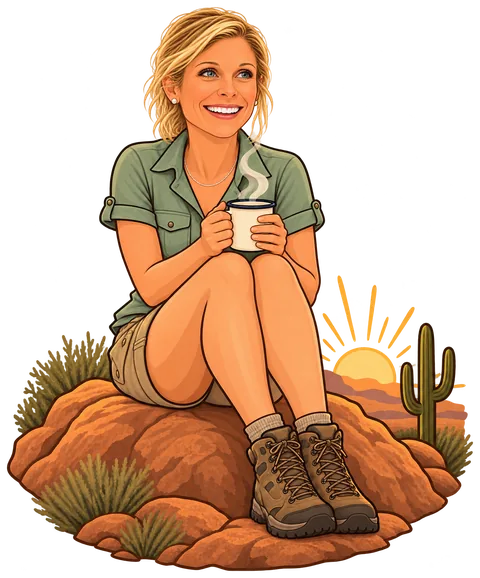 Cartoon of Michelle sitting on a desert boulder with a camp mug at sunset