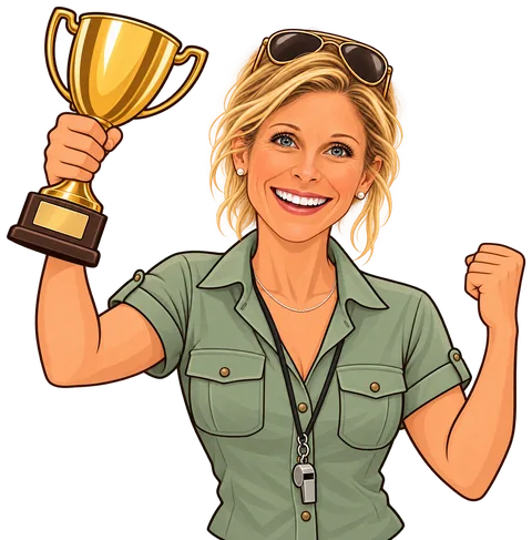 Cartoon of Michelle holding up a gold trophy with a whistle around her neck