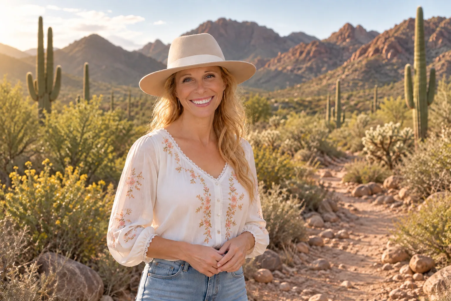 Michelle, owner of Desert Dog Offroad Adventures, on a Sonoran Desert trail among saguaros at golden hour