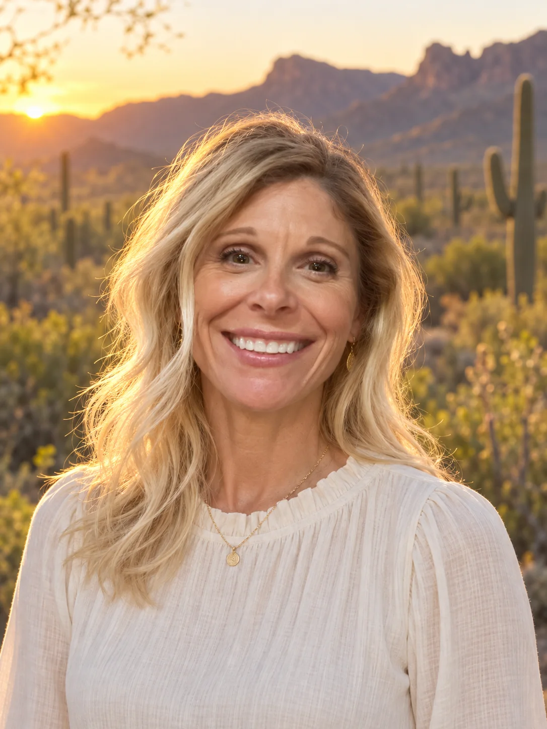Michelle, owner of Desert Dog Offroad Adventures, in the Sonoran Desert at sunset